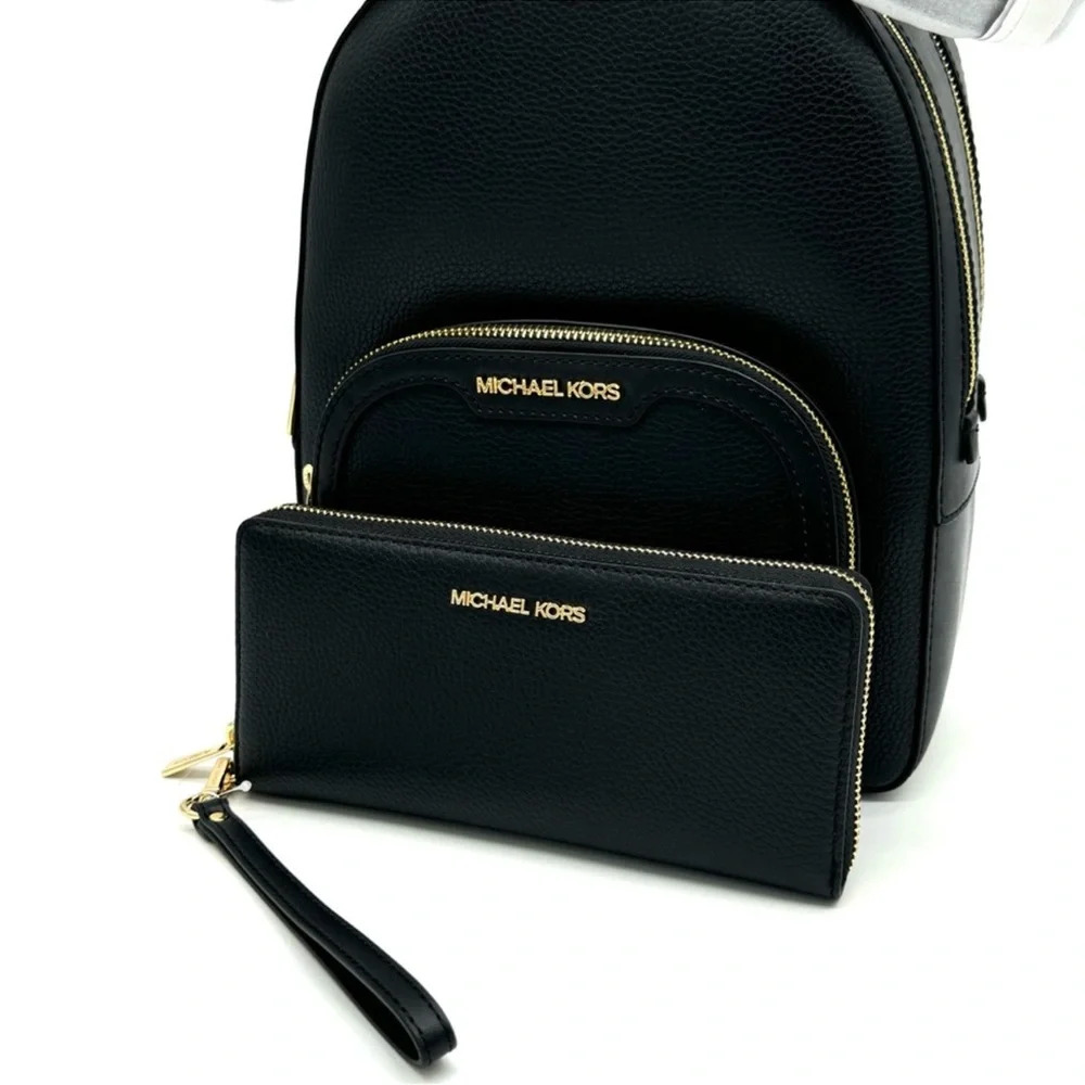 Michael Kors Medium Jaycee Backpack & Large Continental Wallet Black/Gold - Picture 12 of 14